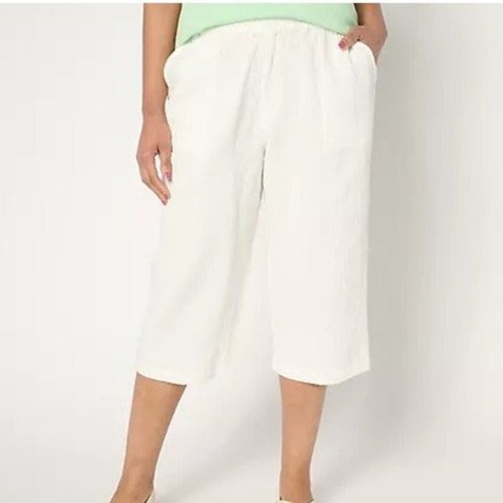 Denim & Co Beach Petite Medium Natural Cotton Gauze Capri Pant Stitch A689808